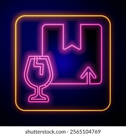 Glowing neon Delivery package box with fragile content symbol of broken glass icon isolated on black background. Box, package, parcel sign.  Vector