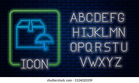 Glowing neon Delivery package with umbrella symbol icon isolated on brick wall background. Parcel cardboard box with umbrella sign. Logistic and delivery. Neon light alphabet. Vector Illustration