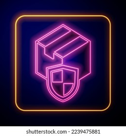 Glowing neon Delivery security with shield icon isolated on black background. Delivery insurance. Insured cardboard boxes beyond the shield.  Vector