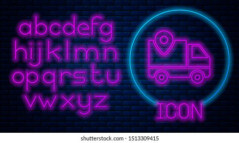 Glowing neon Delivery tracking icon isolated on brick wall background. Parcel tracking. Neon light alphabet. Vector Illustration