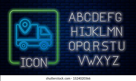 Glowing neon Delivery tracking icon isolated on brick wall background. Parcel tracking. Neon light alphabet. Vector Illustration