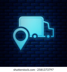 Glowing neon Delivery tracking icon isolated on brick wall background. Parcel tracking.  Vector