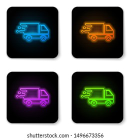 Glowing neon Delivery truck in movement icon isolated on white background. Fast shipping delivery truck. Black square button. Vector Illustration