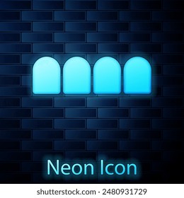 Glowing neon Dentures model icon isolated on brick wall background. Teeth of the upper jaw. Dental concept.  Vector