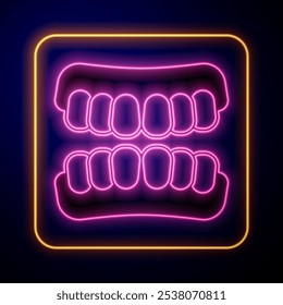 Glowing neon Dentures model icon isolated on black background. Teeth of the upper jaw. Dental concept.  Vector