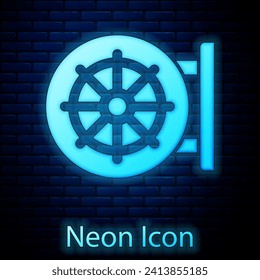 Glowing neon Dharma wheel icon isolated on brick wall background. Buddhism religion sign. Dharmachakra symbol.  Vector