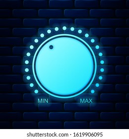 Glowing neon Dial knob level technology settings icon isolated on brick wall background. Volume button, sound control, music knob with number scale, analog regulator.  Vector Illustration