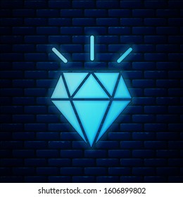 Glowing neon Diamond teeth icon isolated on brick wall background.  Vector Illustration