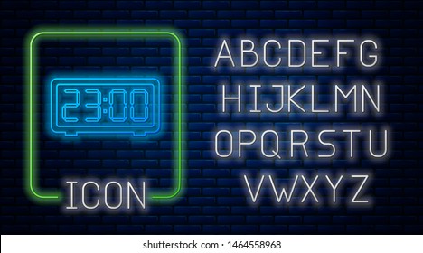 Glowing neon Digital alarm clock icon isolated on brick wall background. Electronic watch alarm clock. Time icon. Neon light alphabet. Vector Illustration