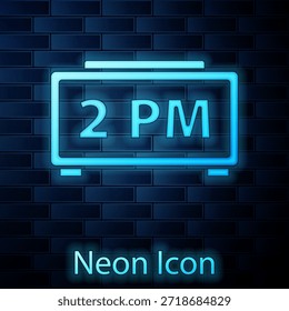 Néon brilhante ícone de relógio de alarme digital isolado no fundo da parede de tijolo. Relógio eletrônico despertador. Ícone Hora.  Vetor