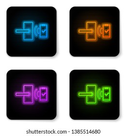 Glowing neon Digital door lock with wireless technology for unlock icon isolated on white background. Door handle sign. Security smart home of concept. Black square button. Vector Illustration