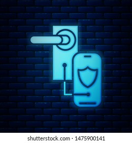 Glowing neon Digital door lock with wireless technology for lock icon isolated on brick wall background. Door handle sign. Security smart home.  Vector Illustration