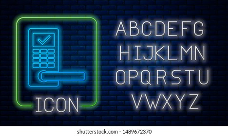 Glowing neon Digital door lock with wireless technology for unlock icon isolated on brick wall background. Door handle sign. Security smart home. Neon light alphabet. Vector Illustration
