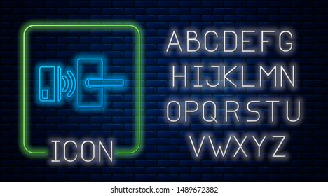 Glowing neon Digital door lock with wireless technology for unlock icon isolated on brick wall background. Door handle sign. Security smart home. Neon light alphabet. Vector Illustration
