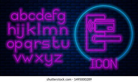 Glowing neon Digital door lock with wireless technology for unlock icon isolated on brick wall background. Door handle sign. Security smart home. Neon light alphabet. Vector Illustration