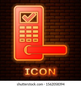 Glowing neon Digital door lock with wireless technology for unlock icon isolated on brick wall background. Door handle sign. Security smart home.  Vector Illustration