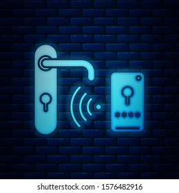 Glowing neon Digital door lock with wireless technology for unlock icon isolated on brick wall background. Door handle sign. Security smart home.  Vector Illustration