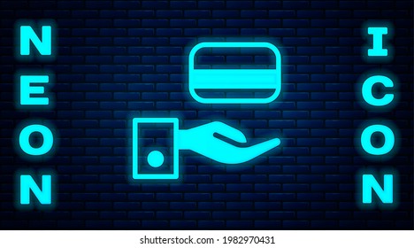Neón brillante Bloqueo digital de puertas con tecnología inalámbrica para el icono de desbloqueo aislado en el fondo de la pared de ladrillo. Señal de la manecilla de la puerta. Un hogar seguro e inteligente.  Vector