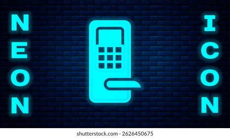 Glowing neon Digital door lock with wireless technology for unlock icon isolated on brick wall background. Door handle sign. Security smart home.  Vector