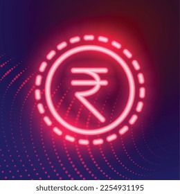 glowing neon digital indian rupee symbol background vector 