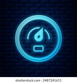 Glowing neon Digital speed meter concept icon isolated on brick wall background. Global network high speed connection data rate technology.  Vector