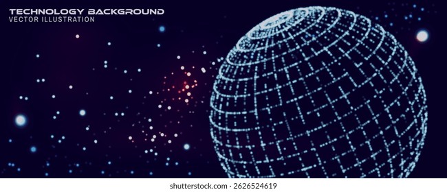 Eine leuchtende digitale Neonkugel, die aus leuchtenden Punkten und Gitterlinien besteht, die im tiefen Raum schweben. Vektor. Abstrakte Darstellung künstlicher Intelligenz, globaler Konnektivität und Futuristik
