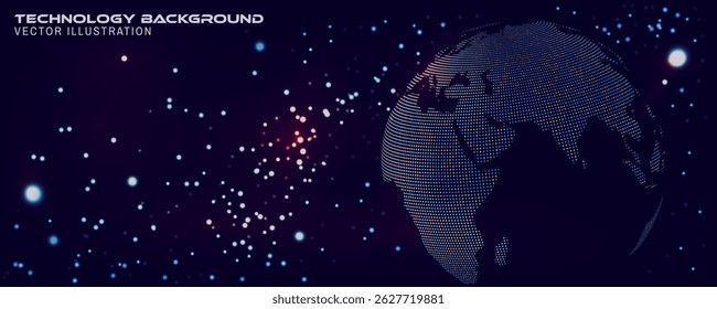 Una esfera digital de neón brillante compuesta de puntos luminosos y líneas de rejilla que flotan en el espacio profundo. Vector. Representación Abstractas de la inteligencia artificial, la conectividad global y la tecnología futurista