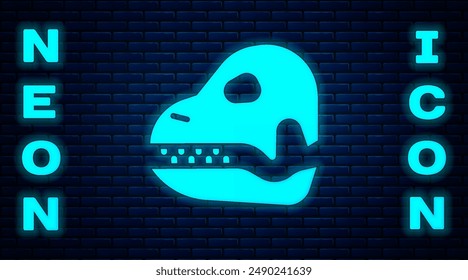 Glowing neon Dinosaur skull icon isolated on brick wall background.  Vector