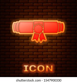Glowing neon Diploma rolled scroll with stamp and ribbon icon isolated on brick wall background. Paper scroll with wax seal. Business certificate.  Vector Illustration
