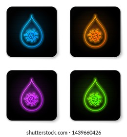 Glowing neon Dirty water drop icon isolated on white background. Bacteria and germs, microorganism disease, cell cancer, microbe, virus, fungi. Black square button. Vector Illustration