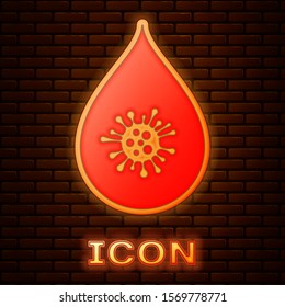 Glowing neon Dirty water drop icon isolated on brick wall background. Bacteria and germs, microorganism disease, cell cancer, microbe, virus, fungi.  Vector Illustration