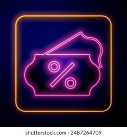 Glowing neon Discount percent tag icon isolated on black background. Shopping tag sign. Special offer sign. Discount coupons symbol.  Vector
