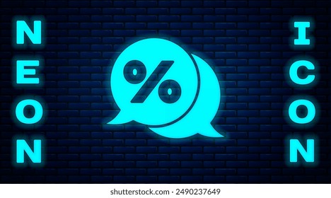 Glowing neon Discount percent tag icon isolated on brick wall background. Shopping tag sign. Special offer sign. Discount coupons symbol.  Vector
