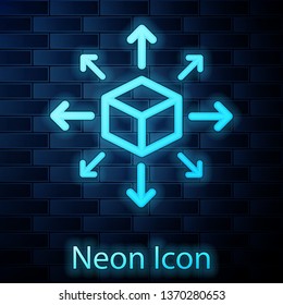 Glowing neon Distribution icon isolated on brick wall background. Content distribution concept. Vector Illustration