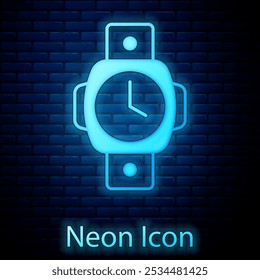 Glowing neon Diving watch icon isolated on brick wall background. Diving underwater equipment.  Vector