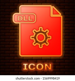 Glowing neon DLL file document. Download dll button icon isolated on brick wall background. DLL file symbol.  Vector Illustration