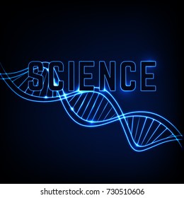 Glowing neon DNA chain. Abstract scientific background in deep blue colours. Beautiful vector illustraion. Biotechnology, biochemistry, genetics and medicine concept. SCIENCE lettering.