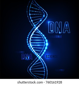 Glowing neon DNA chain. Abstract scientific background in deep blue colours. Beautiful vector illustraion. Biotechnology, biochemistry, genetics and medicine concept.