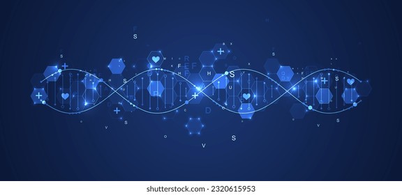 Cadena de ADN de neón brillante. Biotecnología, bioquímica, ciencia, concepto de medicina. Plantilla genética de engendramiento.