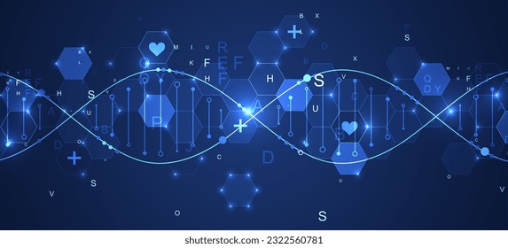 Glowing neon DNA chain. Biotechnology, biochemistry, science, medicine concept. Genetic engeneering template.