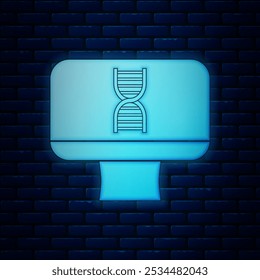 Glowing neon DNA spiral and computer monitor icon isolated on brick wall background. Polygonal medical technology research mesh art.  Vector Illustration