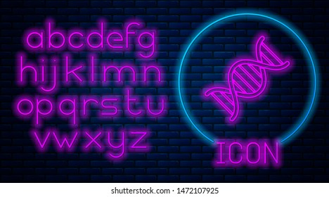 Glowing neon DNA symbol icon isolated on brick wall background. Neon light alphabet. Vector Illustration