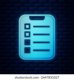 Glowing neon To do list or planning icon isolated on brick wall background.  Vector