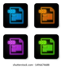 Glowing neon DOC file document. Download doc button icon isolated on white background. DOC file extension symbol. Black square button. Vector Illustration