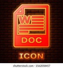 Glowing neon DOC file document. Download doc button icon isolated on brick wall background. DOC file extension symbol.  Vector Illustration