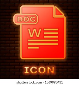 Glowing neon DOC file document. Download doc button icon isolated on brick wall background. DOC file extension symbol.  Vector Illustration