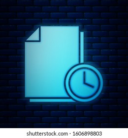 Glowing neon Document with clock icon isolated on brick wall background. Document and countdown, deadline, schedule, planning symbol.  Vector Illustration