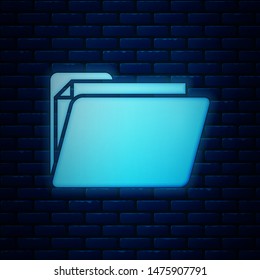 Glowing neon Document folder icon isolated on brick wall background. Accounting binder symbol. Bookkeeping management.  Vector Illustration