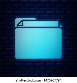 Glowing neon Document folder icon isolated on brick wall background. Accounting binder symbol. Bookkeeping management.  Vector Illustration