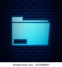 Glowing neon Document folder icon isolated on brick wall background. Accounting binder symbol. Bookkeeping management.  Vector Illustration